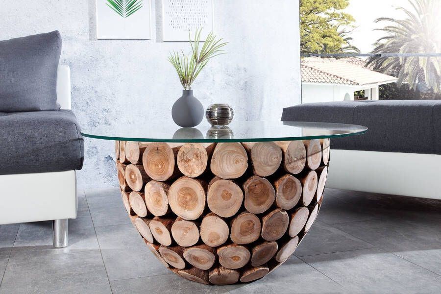Invicta Interior Handgemaakte salontafel PURE NATURE 70cm massief teakhout rond met glazen blad 37442-1