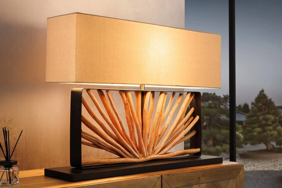 Invicta Interior Handgemaakte tafellamp EUPHORIA 80cm naturel longan hout beige met linnen kap 44687