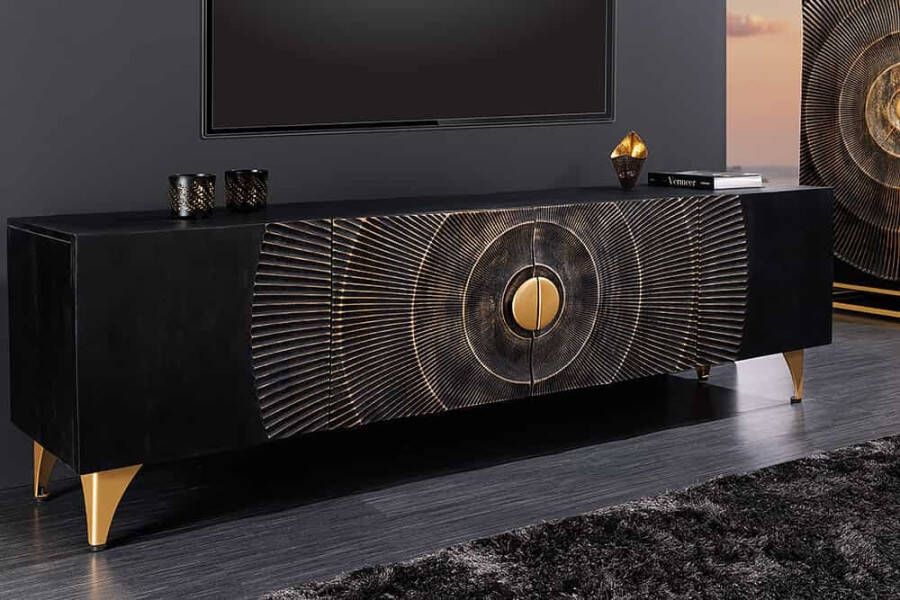 Invicta Interior Handgemaakte TV-lowboard GOLDEN SUNSET 180cm zwart goud massief mangohout metalen poten 44303