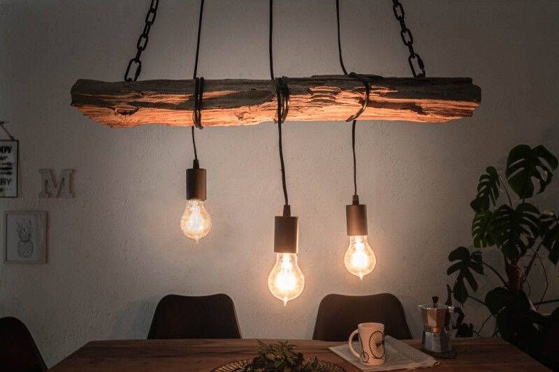 Invicta Interior industrieele hanglamp BARRACUDA 70cm gerecycled massief hout met 3 lampjes 40079