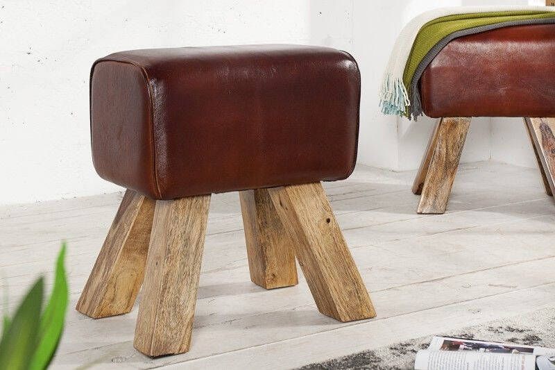 Invicta Interior Retro TURNBOCK kruk 40cm met echt lederen bekleding mangohouten kruk 36268