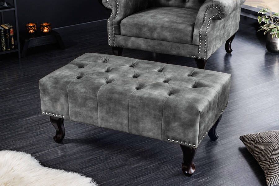 Invicta Interior Design kruk CHESTERFIELD 80cm grijs fluwelen knoopstiksel klinknagelrand 43521