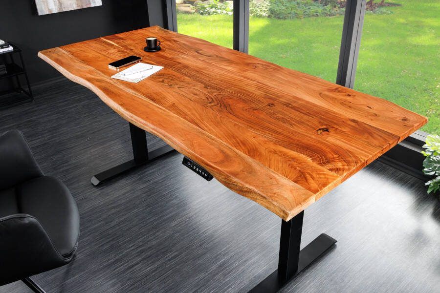 Invicta Interior In hoogte verstelbaar bureau MAMMUT 180cm Acacia massief houten boomrand handgemaakt 44822