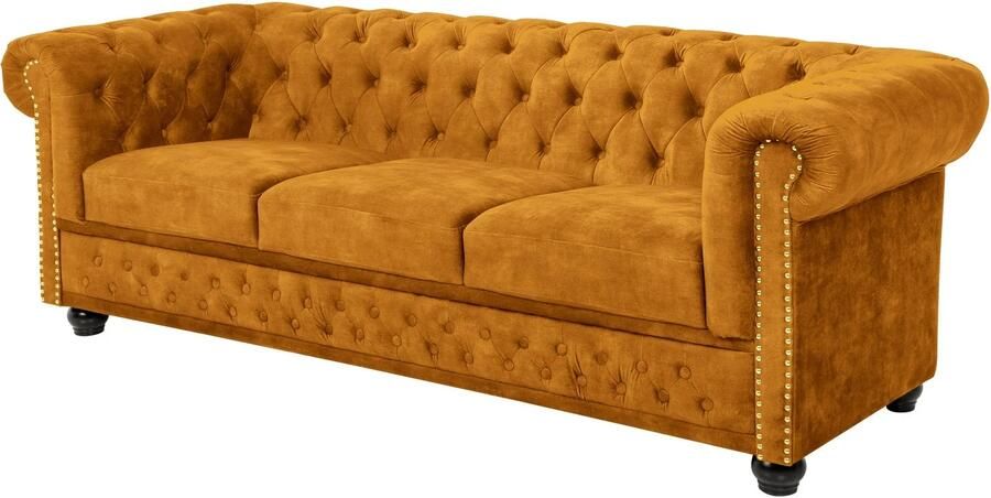 Invicta Interior Bank CHESTERFIELD 205 cm met binnenvering 3-zits fluweel mosterdgeel 47032