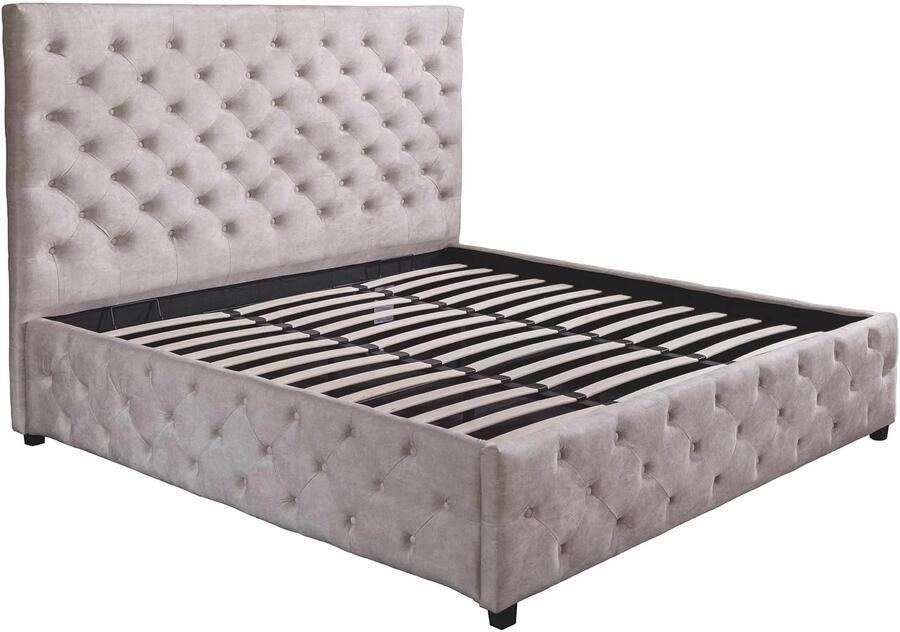 Invicta Interior Bed PARIS 160x200cm CHESTERFIELD-look fluweel champagnebeige met opbergruimte 48075
