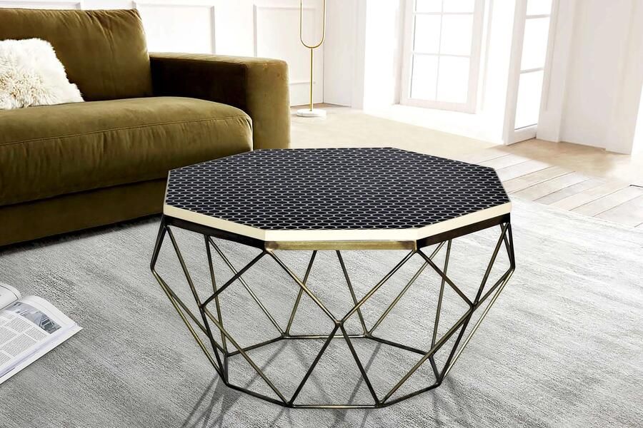 Invicta Interior Beeninleg Salontafel DIAMOND 70cm Zwart Wit Messing Inlegwerk Arts & Crafts 45215