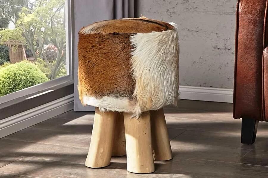 Invicta Interior Design kruk HIDE 45cm bruin wit met geitenleer en teak 35441