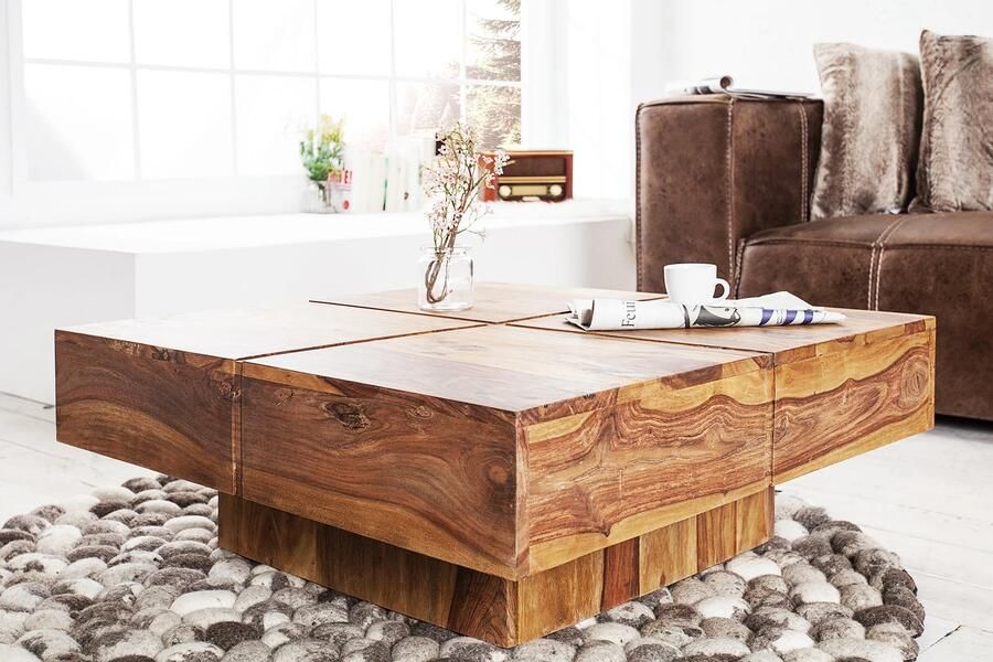Invicta Interior Design massief houten salontafel BOLT 70cm bruin sheesham steen afwerking handgemaakt 43673