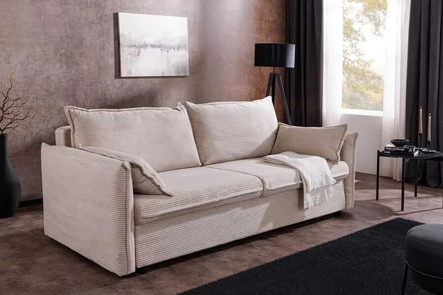 Invicta Interior Design slaapbank APARTMENT 215cm beige corduroy 3-zits bank incl. bedbox kussen 47132