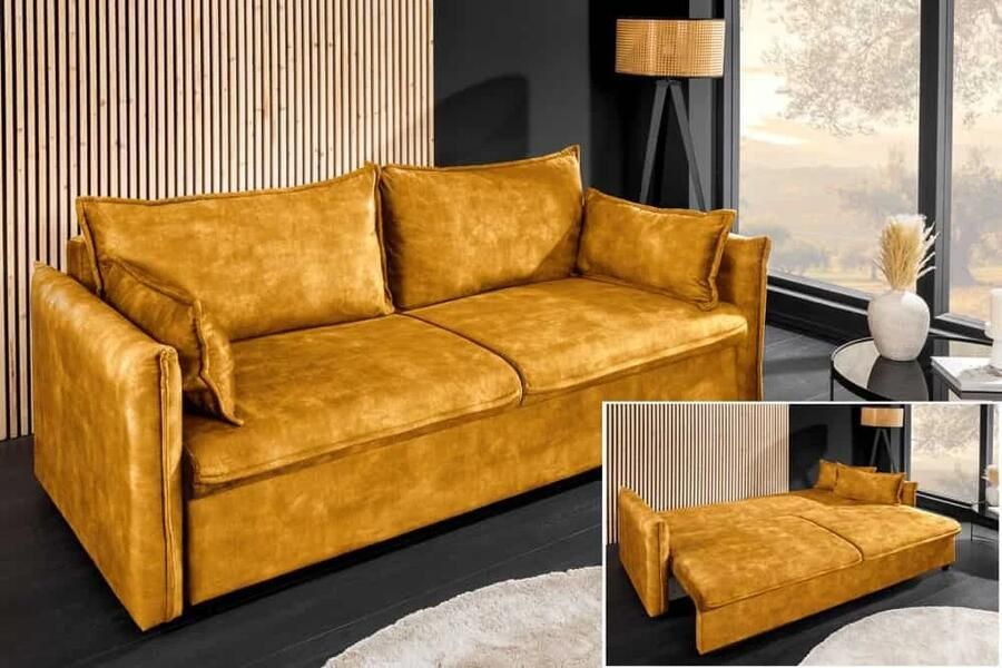 Invicta Interior Design slaapbank APARTMENT 215cm mosterdgeel fluweel 3-zitsbank incl. bedopbergruimte 47134