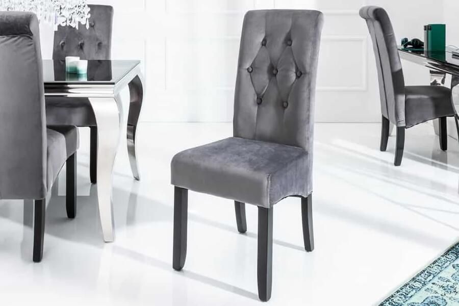 Invicta Interior Design stoel CASA grijs fluweel met decoratieve knopen massief houten poten 38979