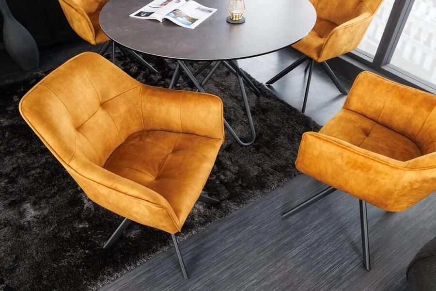 Invicta Interior Design stoel LOFT mosterdgeel fluweel draaibaar zwart metalen frame met armleuning 42392
