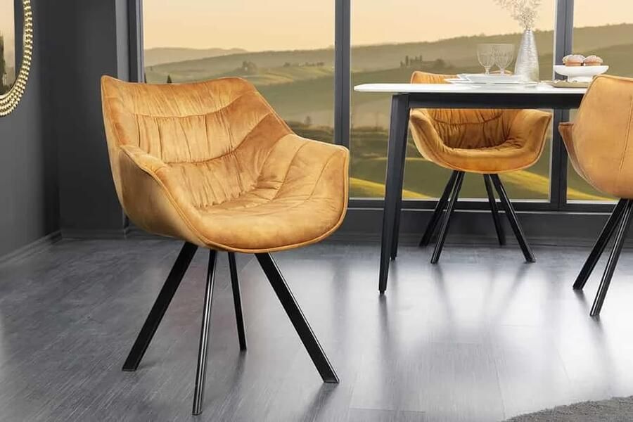 Invicta Interior Design stoel THE DUTCH COMFORT mosterdgeel fluweel met armleuning gestoffeerde zwarte metalen poten 44276