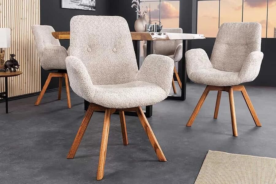 Invicta Interior Draaibare design stoel BALTIC beige Bouclé naturel eiken massief houten poten met armleuning 44199