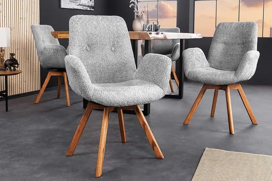 Invicta Interior Draaibare design stoel BALTIC grijs bouclé naturel eiken massief houten poten met armleuning 44200