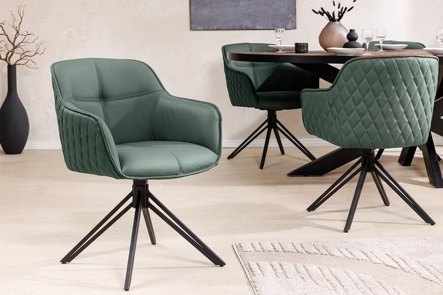 Invicta Interior Draaibare Design Stoel EUPHORIA Groen Echt Leer Zwart Metalen Frame met Armleuning 45863