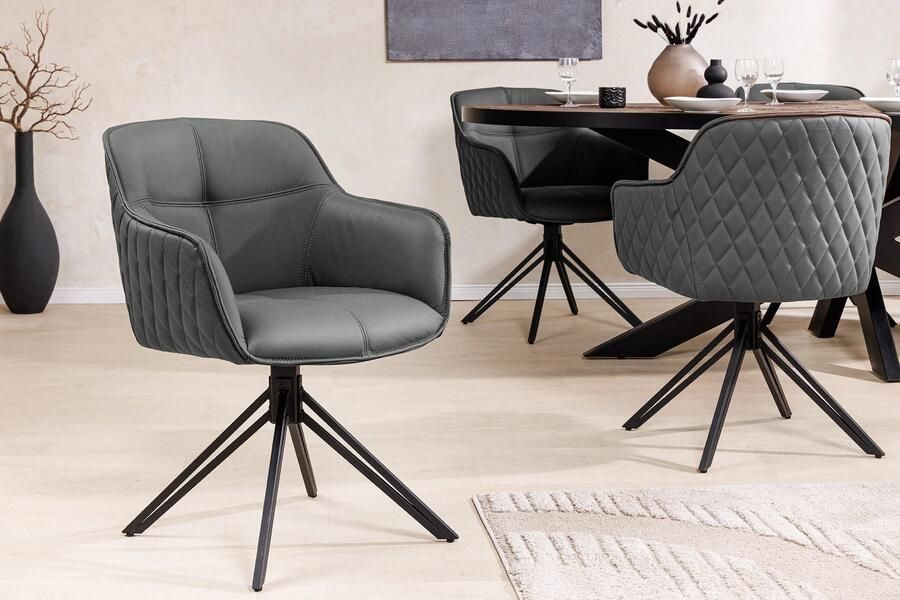 Invicta Interior Draaibare designstoel EUPHORIA Grijs echt leer zwart metalen frame met armleuning 45860