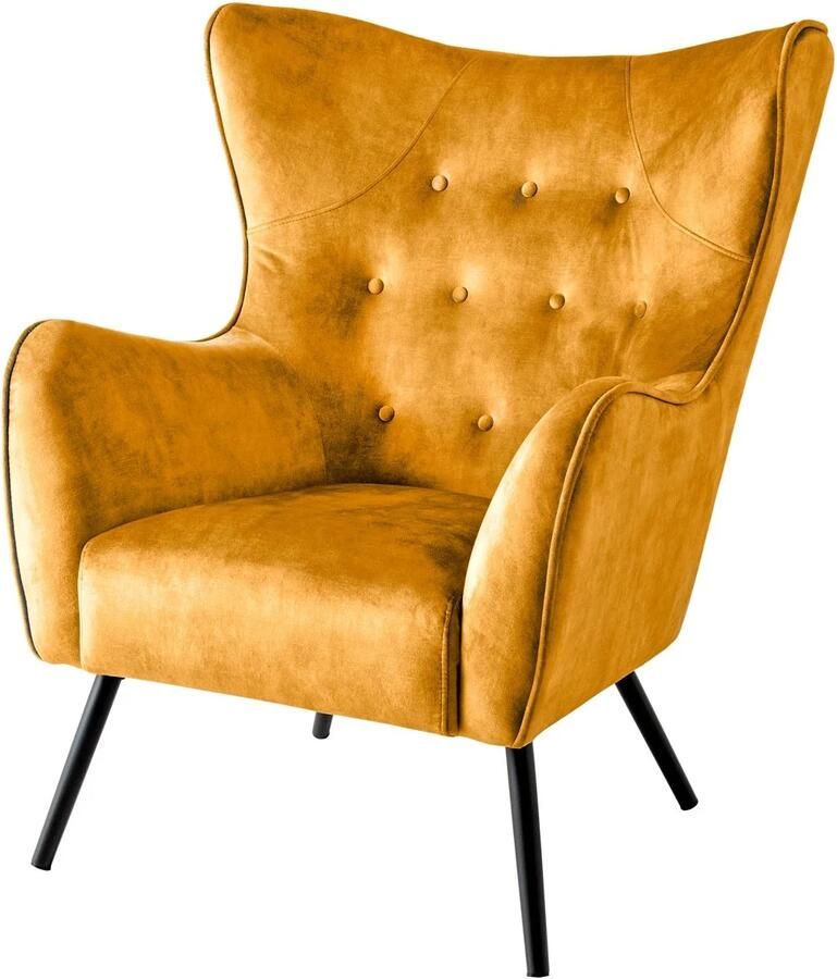 Invicta Interior Vleugelstoel AMSTERDAM velvet mosterd geel zwart metaal poten 44484