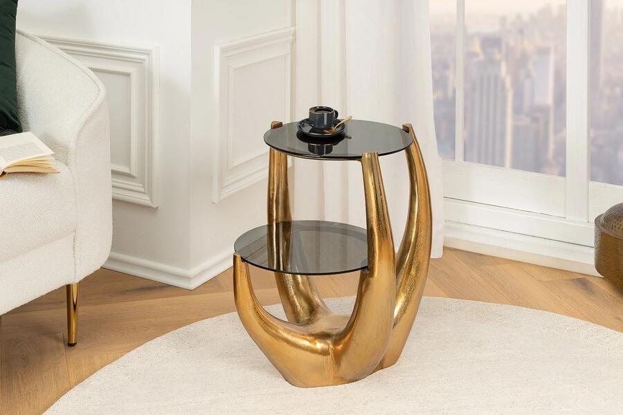 Invicta Interior Handgemaakte bijzettafel LEVELS 50cm goud antiek zwart glas zwart metaal 44858