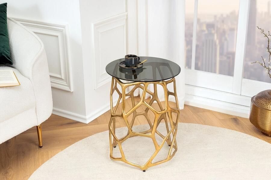 Invicta Interior Handgemaakte bijzettafel LIQUID GEOMETRY 50cm goud rond metaal zwart glas 44857