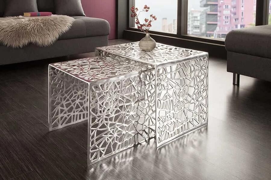 Invicta Interior Handgemaakte salontafel ABSTRACT 49cm set van 2 zilver in Gap-design 38965