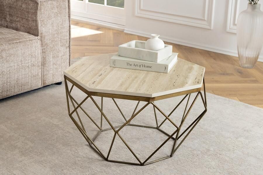 Invicta Interior Handgemaakte salontafel DIAMOND 70cm beige travertijn messing ijzer 45204