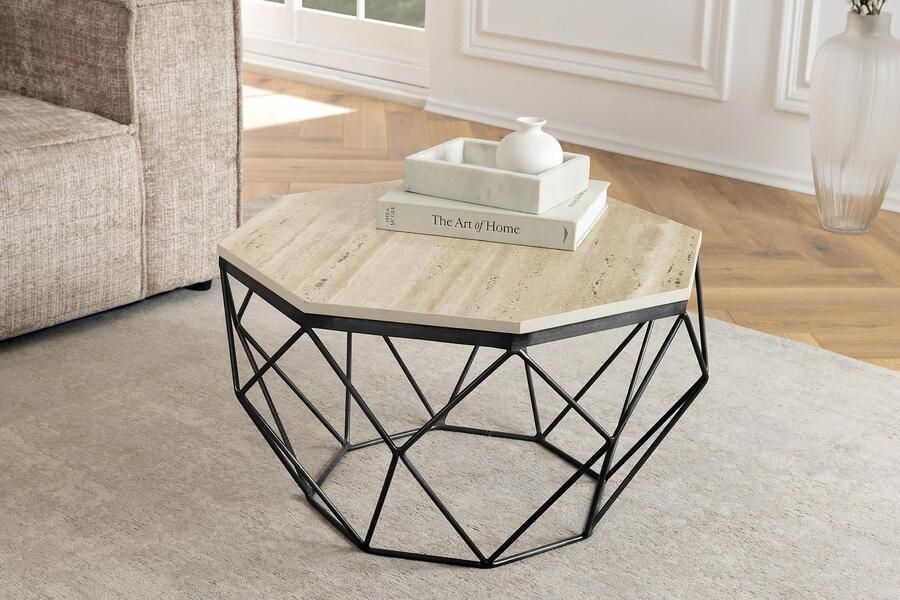 Invicta Interior Handgemaakte salontafel DIAMOND 70cm beige travertijn zwart ijzer 45205