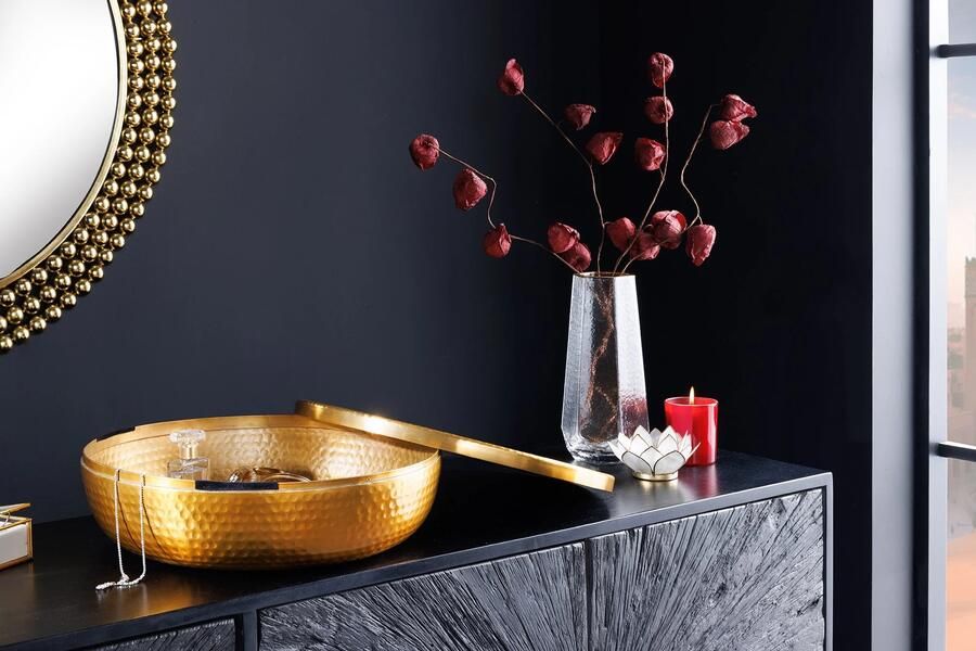 Invicta Interior Handgemaakte schaal ORIENT 40cm goud metaal rond met deksel sieradenblik 44473
