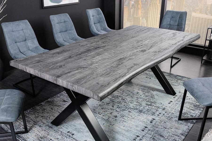 Invicta Interior Industriële eettafel WILD 200cm grijs witgekalkt wild eiken design boomrand zwart X-poot 45087