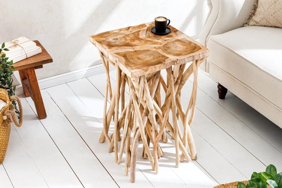 Invicta Interior Massief houten bijzettafel DRIFTWOOD 60 cm naturel teakhout vierkant in paaldesign 44715