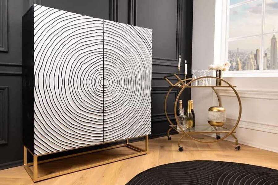 Invicta Interior Massief houten hoge kast ZEN CIRCLES 120cm wit zwart mangohout 3D design metaal goud 44492