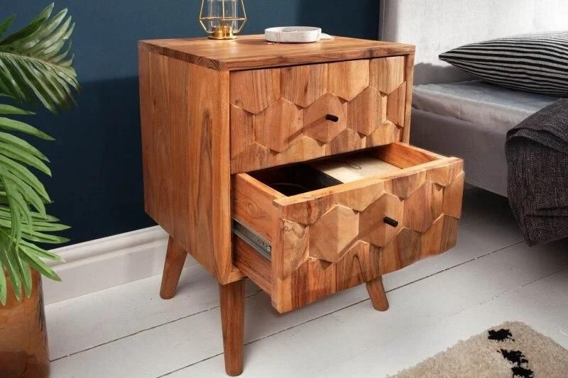 Invicta Interior Massief houten nachtkastje MYSTIC LIVING 40cm natuurlijk acacia 3D bijzettafeltje vooraan met opbergruimte 38424