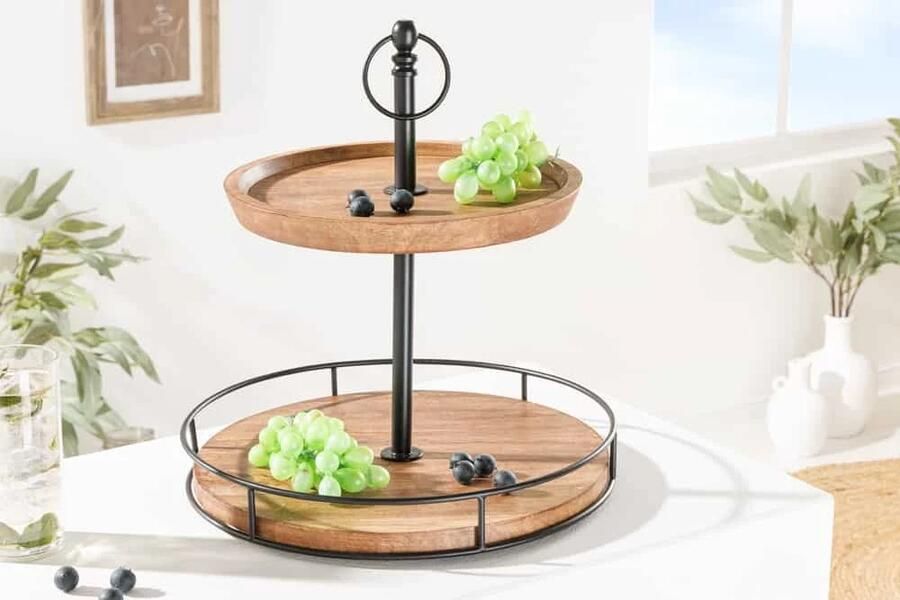 Invicta Interior Massief houten taartplateau PURE NATURE 40cm mango rond met twee niveaus zwart metaal 41606