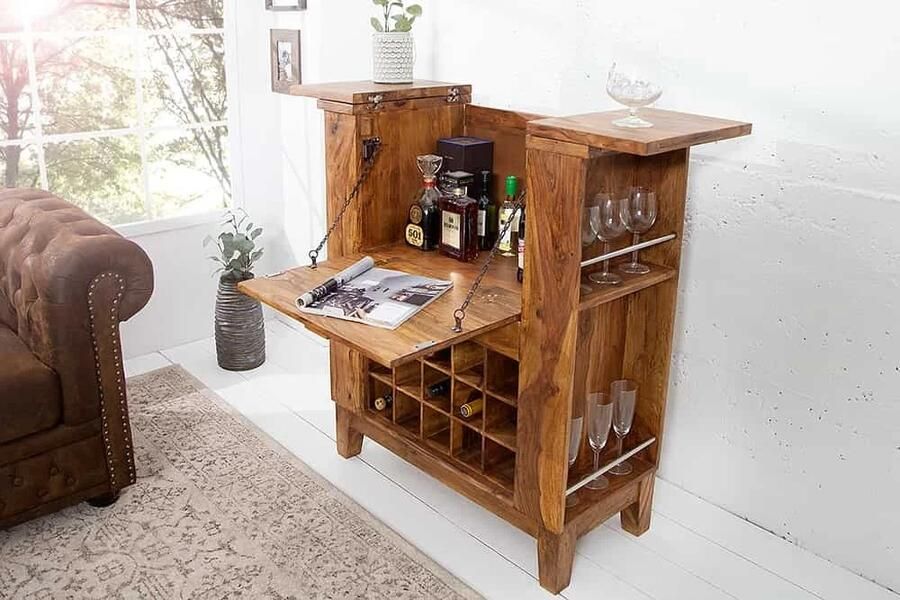 Invicta Interior Massieve barkast MAKASSAR 85cm Sheesham steenafwerking thuisbar 15524