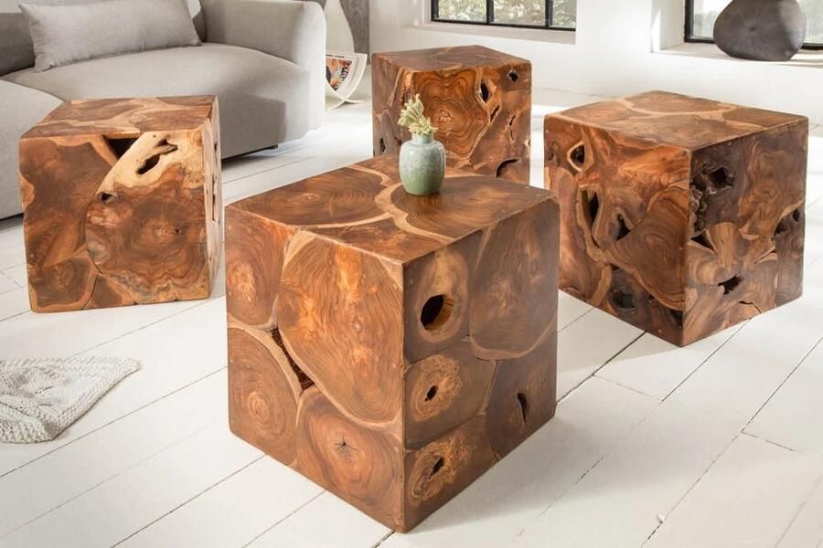 Invicta Interior Massieve bijzettafel SQUARE 40cm teakhouten kubuskruk 39226