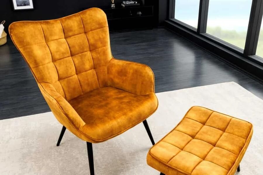Invicta Interior Moderne fauteuil SCANDINAVIA mosterdgeel fluweel zwart metalen poten met armleuningen 44019