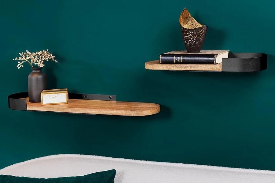 Invicta Interior Moderne set van 2 wandplanken PURE NATURE 60cm zwart mangohout massief metaal handgemaakt 44307