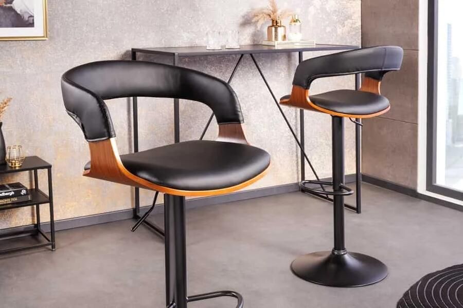 Invicta Interior Retro barkruk MANHATTAN zwart kunstleer walnoothout met draaibare rugleuning in hoogte verstelbaar 44196