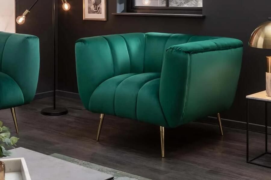 Invicta Interior Retro fauteuil NOBLESSE 105cm smaragdgroen fluweel met decoratieve quilting 40478
