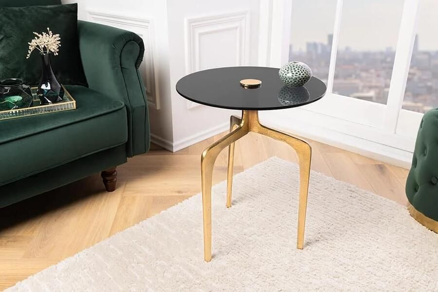 Invicta Interior Ronde bijzettafel ABSTRACT 60cm messing goud metalen poten zwart glas handgemaakt 43495