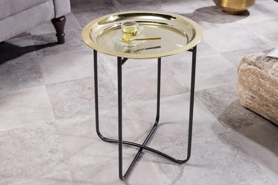 Invicta Interior Ronde bijzettafel CASABLANCA 50cm messing goud zwart dienblad uitneembaar opvouwbaar 44353