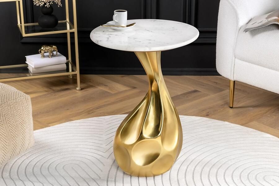 Invicta Interior Ronde bijzettafel TEAR 60cm goud wit met marmeren tafelblad handgemaakt 44834