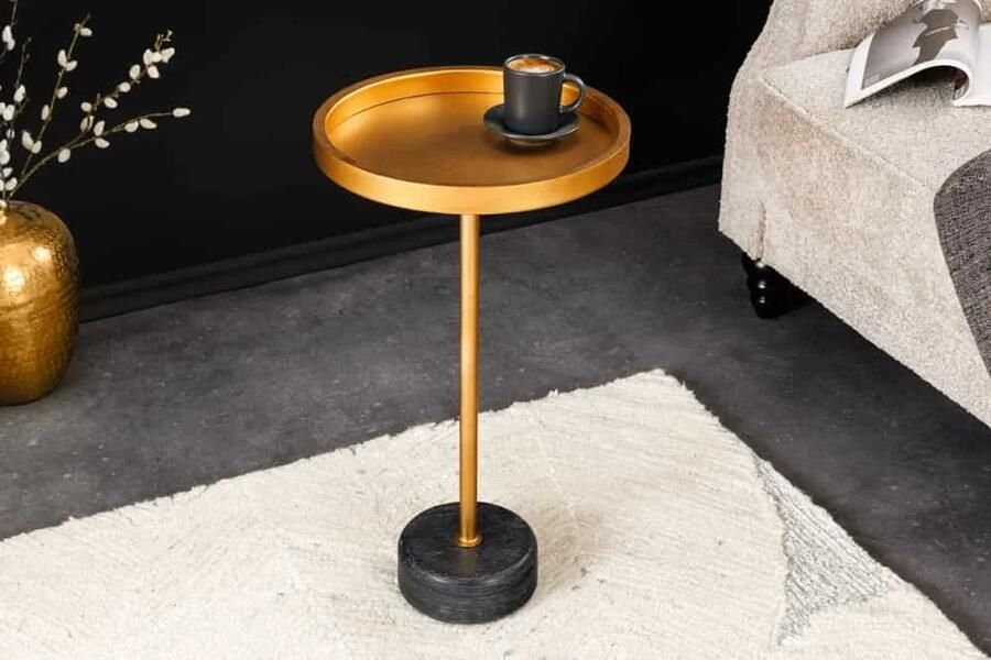 Invicta Interior Ronde bijzettafel TRAYFUL 60cm goud ijzer zwart marmeren voet handgemaakt 44850
