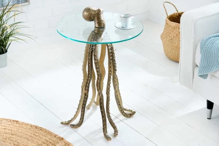 Invicta Interior Ronde bijzettafel WILDLIFE OCTOPUS 70cm messing goud metalen glazen sculptuur handgemaakt 43498