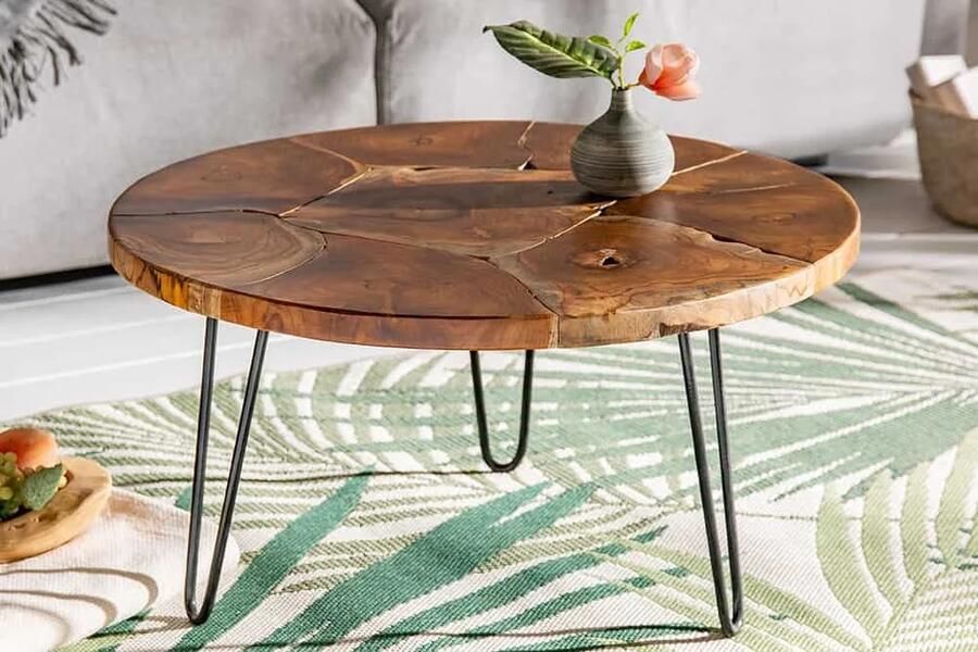Invicta Interior Ronde massief houten salontafel MOSAIK 70cm natuurlijk teakhout haarspeldpoten zwart metaal handgemaakt 39540