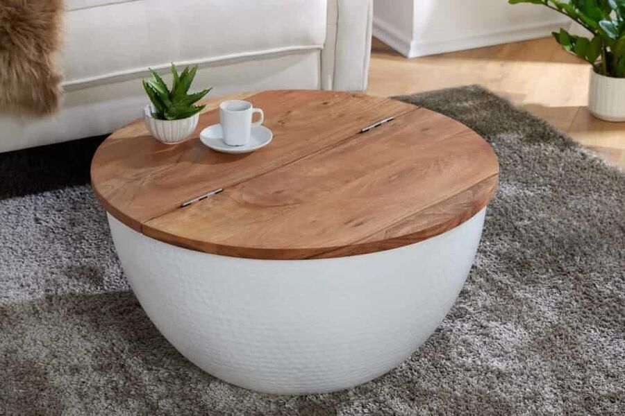 Invicta Interior Ronde salontafel ORIENT STORAGE 60cm wit acaciahout met opbergruimte handgemaakt gehamerd 40108