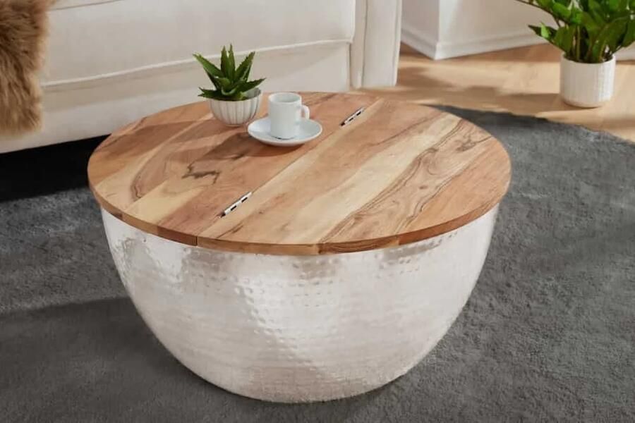 Invicta Interior Ronde salontafel ORIENT STORAGE 60cm zilver acaciahout met opbergruimte handgemaakt gehamerd 40109