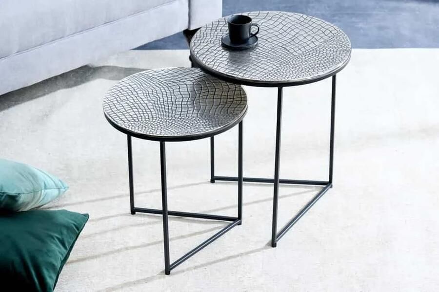 Invicta Interior Ronde set van 2 bijzettafels ELEMENTS 40cm zilver antiek krokodillenmotief handgemaakt 43494