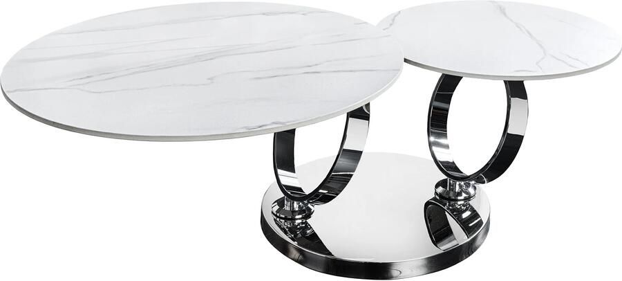 Invicta Interior Salontafel DANCING RINGS 80-135 cm draaibaar met chromen onderstel en keramisch blad wit marmer 46318