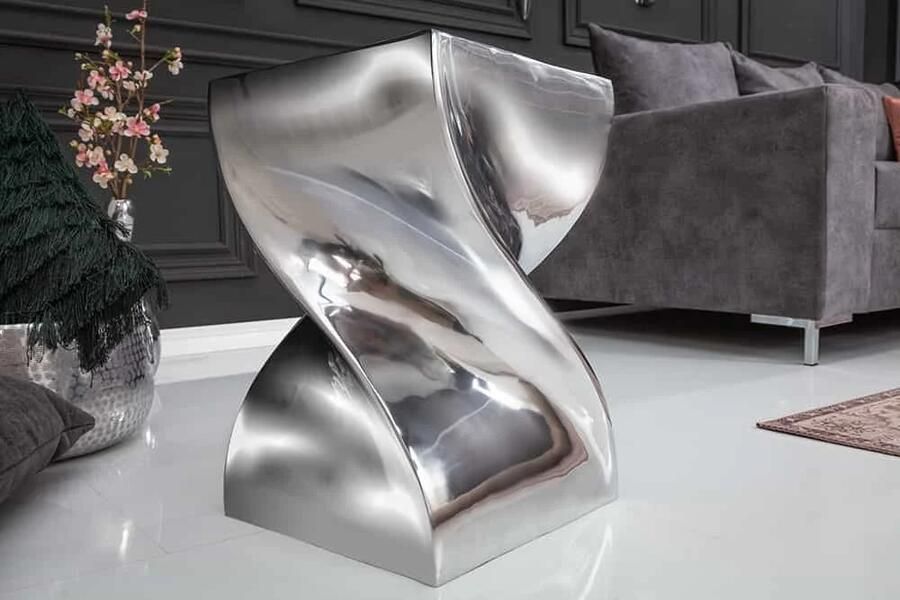 Invicta Interior Sculpturale bijzettafel TWIST 30cm zilver gepolijst aluminium kruk modern design 30220